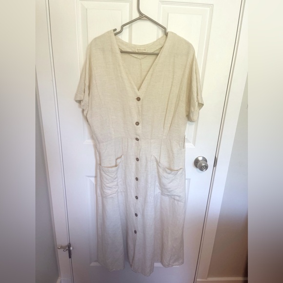 Cream Linen Button Down Dress with Pockets - Picture 4 of 7
